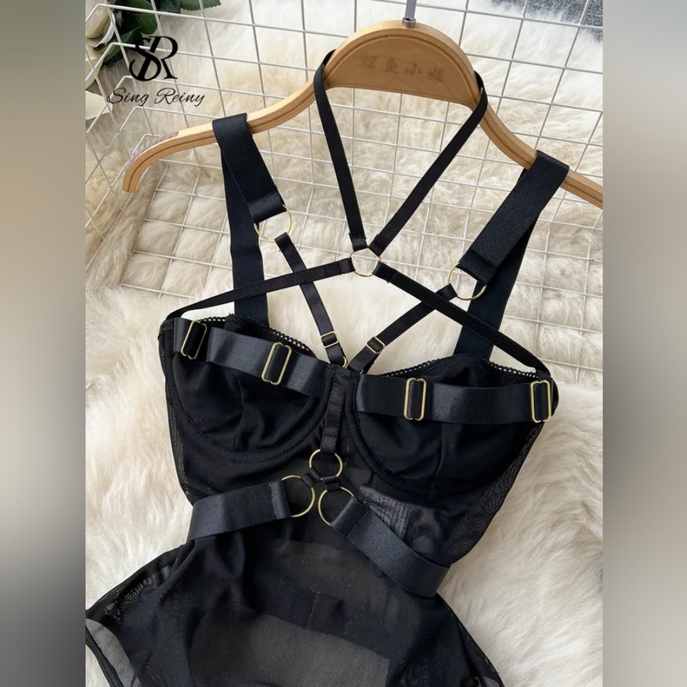 Black Strapy Mesh Corset Bodysuit. - Picture 3 of 5